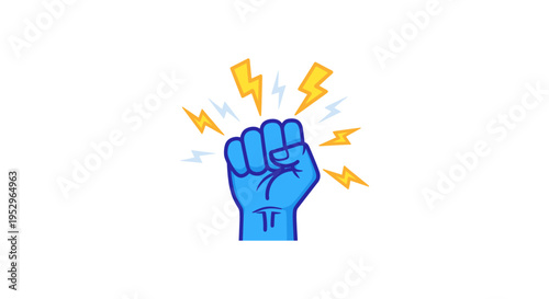 blue fist with yellow lightning bolts, energetic gesture