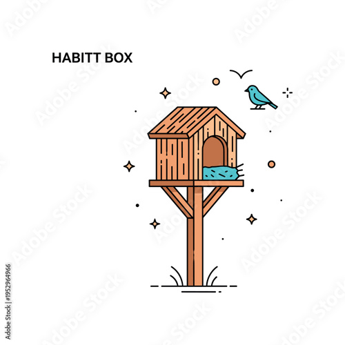 Habitat box installation illustrated by a simple wooden shelter mounted on a pole with small bird silhouette nearby, expressing support for nesting and safe