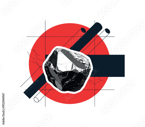 Monochrome close-up of metallic ore fragment with sharp crystalline edges, retro photographic style, sticker-like white contour effect, oversized red circle