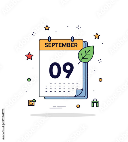 September calendar highlight illustrated by a simple monthly page flipped to with a small leaf icon attached, symbolizing transition into autumn and new