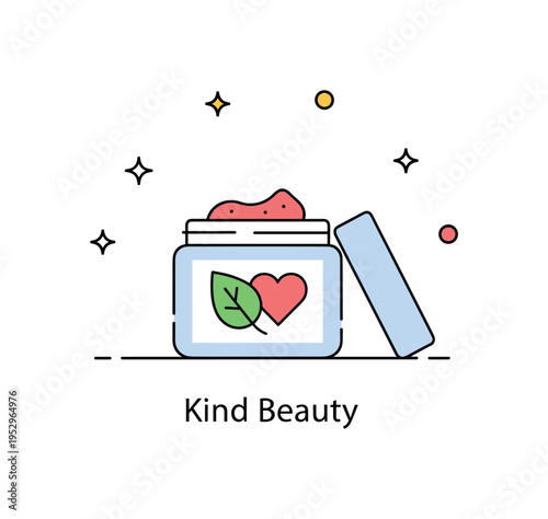 Plant based beauty products cruelty free cosmetics concept illustrated by a simple cosmetic jar with a small leaf and heart icon, symbolizing ethical sourcing