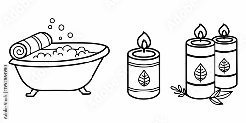 Line of a bathtub with candles and bubbles on white background towel leaves