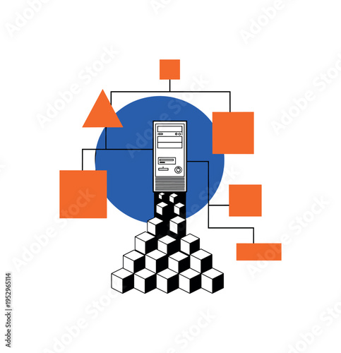 black and white retro computer tower with cubes flowing upward like a heap structure, bold electric blue circle and orange geometric blocks surrounding, thin