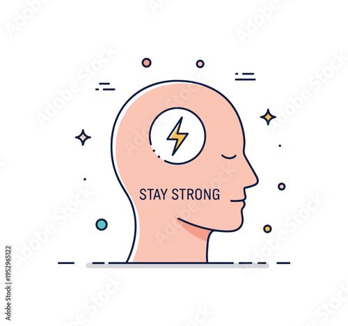 Mental strength inner resilience concept illustrated by a calm human head silhouette with a small lightning bolt transformed into a steady glow inside. A