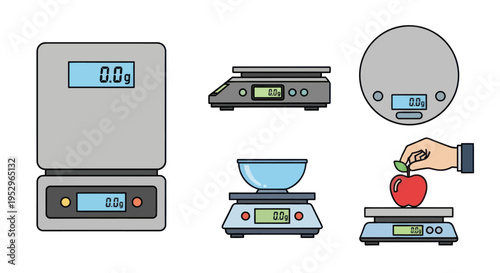 Digital kitchen scales vector illustration set for food weighing.