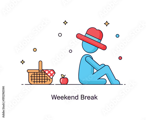 Wearing a sunhat picnic moment with a compact basket and a tiny apple beside a relaxed character silhouette, capturing a lighthearted outdoor lifestyle. The