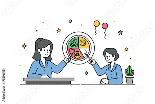 Nutritional counseling session with a simple desk setup featuring a nutritionist silhouette pointing to a balanced plate chart. The composition conveys