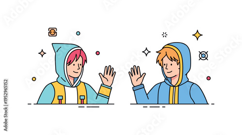 Cosplay meet up gathering scene featuring two costumed characters facing each other with friendly waving gestures, expressing community connection and shared