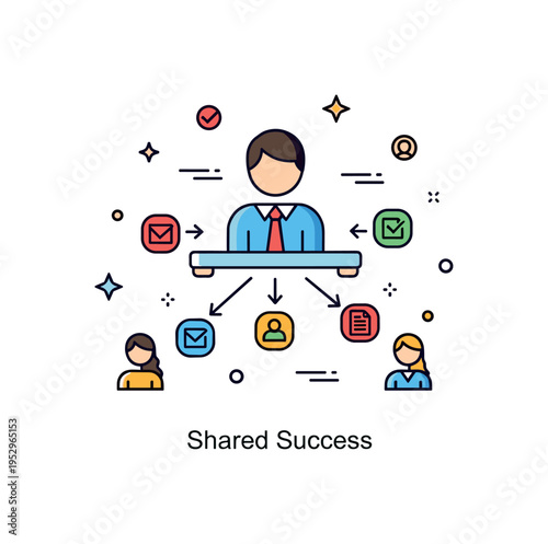 Healthy delegation leadership balance concept illustrated by a central manager icon calmly distributing small task symbols to team members, expressing trust,