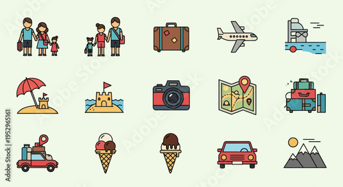 Colorful Travel and Vacation Icons with Outlined Design Elements.