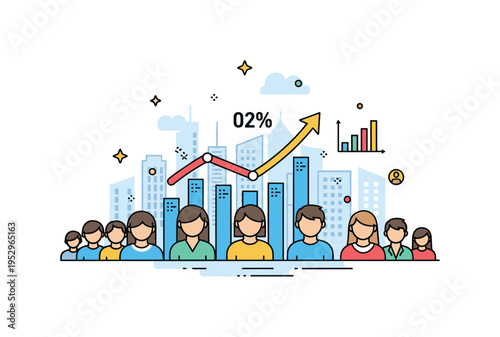 City population data visualization featuring a group of small profile icons in front of a skyline with an upward chart symbolizing demographic analysis and