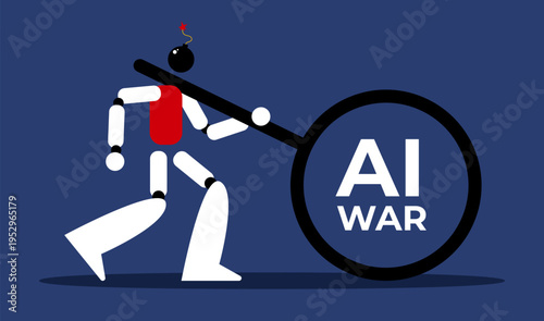 AI War Burden Concept Robot Carrying Heavy Artificial Intelligence Military Conflict Symbol.