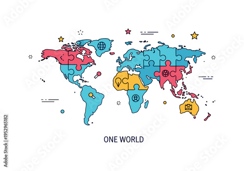 World map puzzle global connection concept illustrated by simplified continent shapes formed from interlocking puzzle pieces, symbolizing unity and