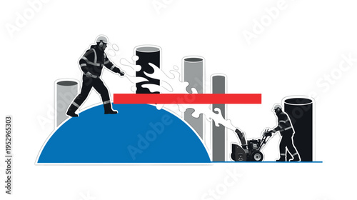 Black and white worker operating a snow blower angled dynamically, large blue semicircle anchoring the base like a frozen ground plane, red rectangular block