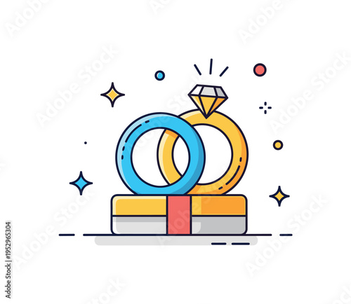 Wedding anniversary celebration intertwined rings resting on a small gift box with subtle spark accents, symbolizing lasting commitment and joyful remembrance