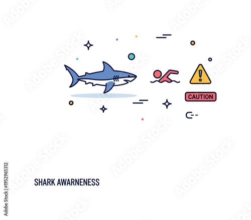 Shark awareness safety theme featuring a simplified shark silhouette at a respectful distance from a swimmer and a small caution symbol, expressing vigilance