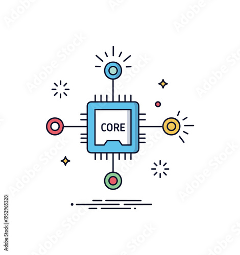 Core technology system visualized as a central processing unit icon connected to smaller nodes, symbolizing infrastructure, data flow, and digital backbone.
