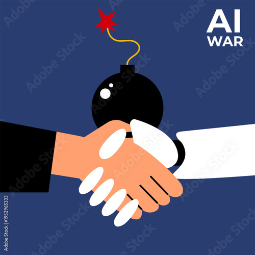 AI War Cooperation Concept Human And Robot Handshake With Bomb Threat Symbol.