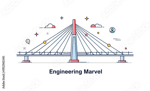 Bridge suspension design detail shown with elegant cables radiating from a central tower, creating a balanced and modern engineering badge. A compact caption