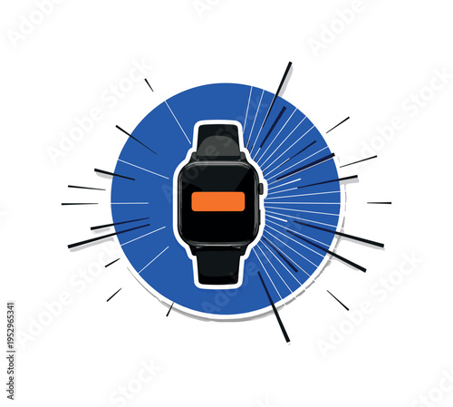 Black and white smartwatch on a wrist cropped dramatically, bold blue circle behind the watch face, orange rectangular notification block on the screen, thin