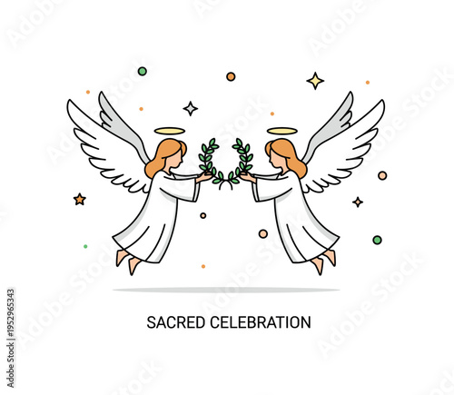Winged angels heavenly celebration scene with two angels holding a small laurel wreath between them, tiny sparkles accentuating festivity and triumph. A neat