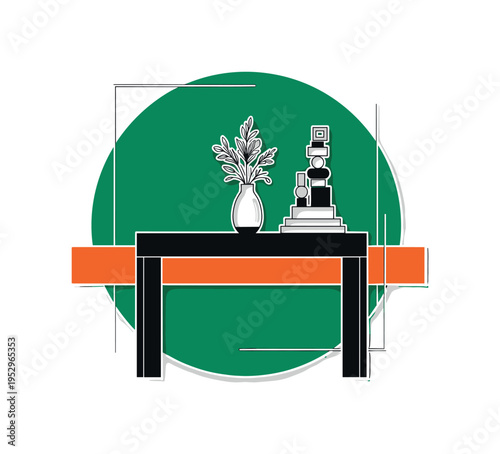 Black and white minimalist console table with single statement vase and stacked abstract blocks as sculptures, strong emerald green circle backdrop, bright