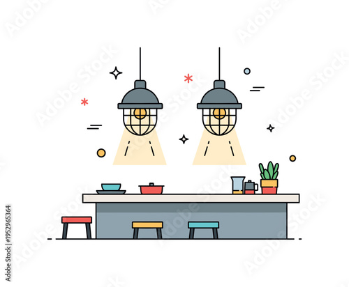 Industrial kitchen lighting metal cage pendant lights hanging over a rectangular island with visible counter edge, symbolizing urban loft interior and bold