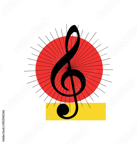Black and white close-up of treble clef symbol enlarged dramatically, large bold red circle tightly cropped behind it, thin radiating lines echoing harmonic