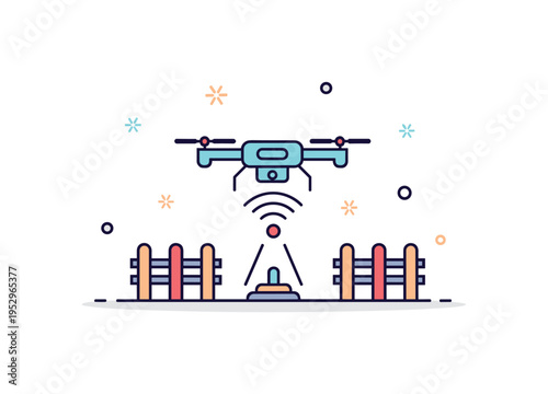 Drone surveillance border monitoring concept featuring a hovering drone above a simple fence line with a highlighted detection point. The scene symbolizes