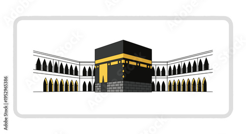 The Holy Kaaba in Mecca Saudi Arabia surrounded by mosque architecture.