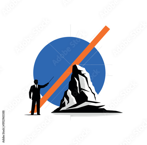 Black and white teacher pointing at rock formation during outdoor lesson, large electric blue sun-like disc behind intersected by sharp orange diagonal bar