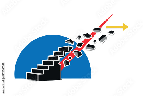 Black and white staircase abruptly breaking into floating geometric steps, strong cobalt blue semicircle forming base, sharp red diagonal stripe adding dynamic