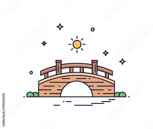 Simple countryside landmark compact wooden bridge silhouette with subtle sun accent above, conveying rural identity and timeless outdoor aesthetics. Minimalist