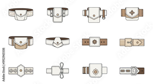 Illustrated collection of various medieval and fantasy style belts with pouches and buckles.
