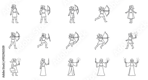 Collection of Fantasy Character Outlines: Warriors Archers and Wizards in Various Poses.