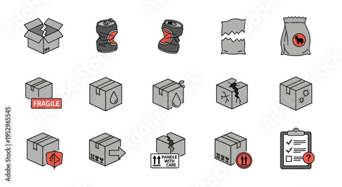 Collection of damaged cardboard boxes crushed cans torn bags and delivery warning icons.