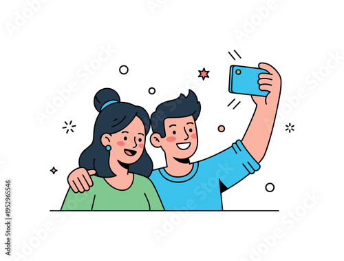 Best friends selfie moment featuring two smiling characters posing side by side with a raised phone, expressing closeness and spontaneous fun. The compact