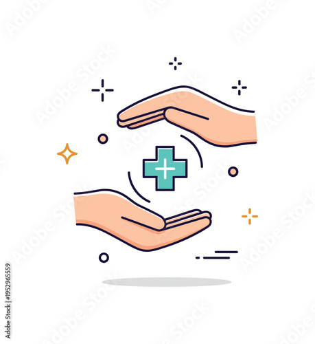Gentle hands healing touch illustration with two open palms surrounding a small medical cross icon. The scene conveys compassion, healthcare support, and