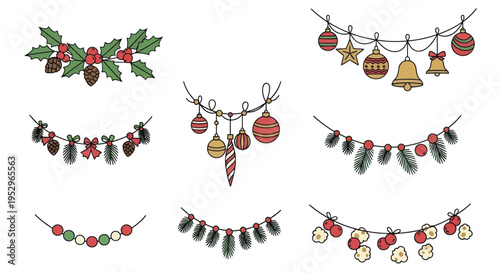 Collection of Festive Christmas Garlands with Ornaments and Holly Decorations.