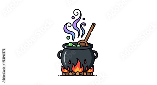 Cartoon witchs cauldron bubbling with a magical green potion over a crackling fire.