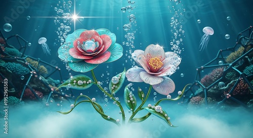 3D render of exotic underwater flowers with pearls and jellyfish coral reef background blue ocean