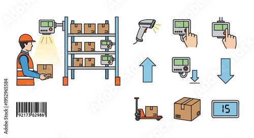 Warehouse Worker with Boxes and Racks Inventory Management Illustration.