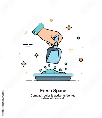 Daily litter box maintenance concept featuring a hand holding a scoop above a simple tray with small granule shapes, symbolizing routine cleaning and odor