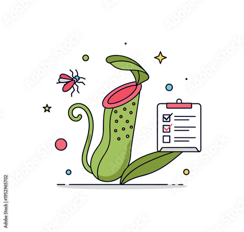 Carnivorous plant care concept focused on a stylized pitcher plant with a small insect icon nearby and a tiny checklist detail, expressing curiosity,