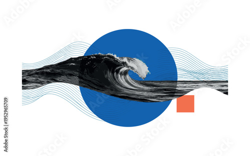 Black and white image of ocean waves captured mid-motion, large cobalt blue circular form intersecting the crest, thin parallel lines enhancing rhythm and