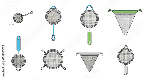 Assortment of Kitchen Strainers and Sieves for Cooking and Baking.