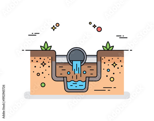 Drainage system concept cross section of ground with rainwater flowing through a perforated pipe into a small underground channel, illustrating controlled