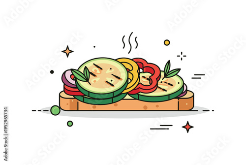 Bruschetta with roasted vegetables highlighting rustic comfort food and seasonal ingredients. Grilled zucchini slices and peppers layered on toasted bread