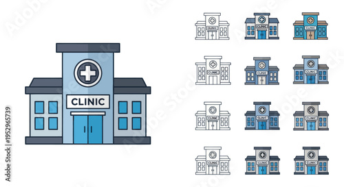 A collection of medical clinic building icons including line art and colorful flat vector illustrations.