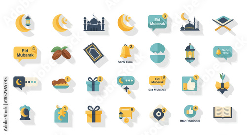 Ramadan Kareem Icon Set: Crescent Moons Lanterns Dates Gifts Mosques and Quran Illustrations.